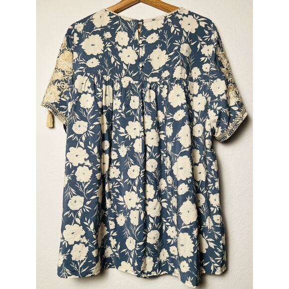 Savanna Jane 2X Embroidered Boho Peasant Top Blue Floral Tassel Sleeve Tunic - Picture 11 of 13